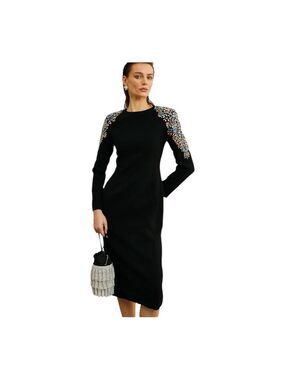 Women's Miss Rosier Black Maelys Crystal Embellished Midi Dress Size XXL